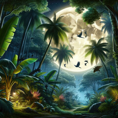 A tropical forest with a large moon in the sky. The moon is surrounded by birds flying in the sky