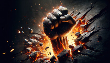 A fist is shown in a black background with a hole in it, surrounded by rocks and fire. Concept of destruction and chaos, as if the fist has been ripped apart by a powerful force