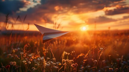 Naklejka na ściany i meble A paper airplane flying through a field of flowers at sunset, AI