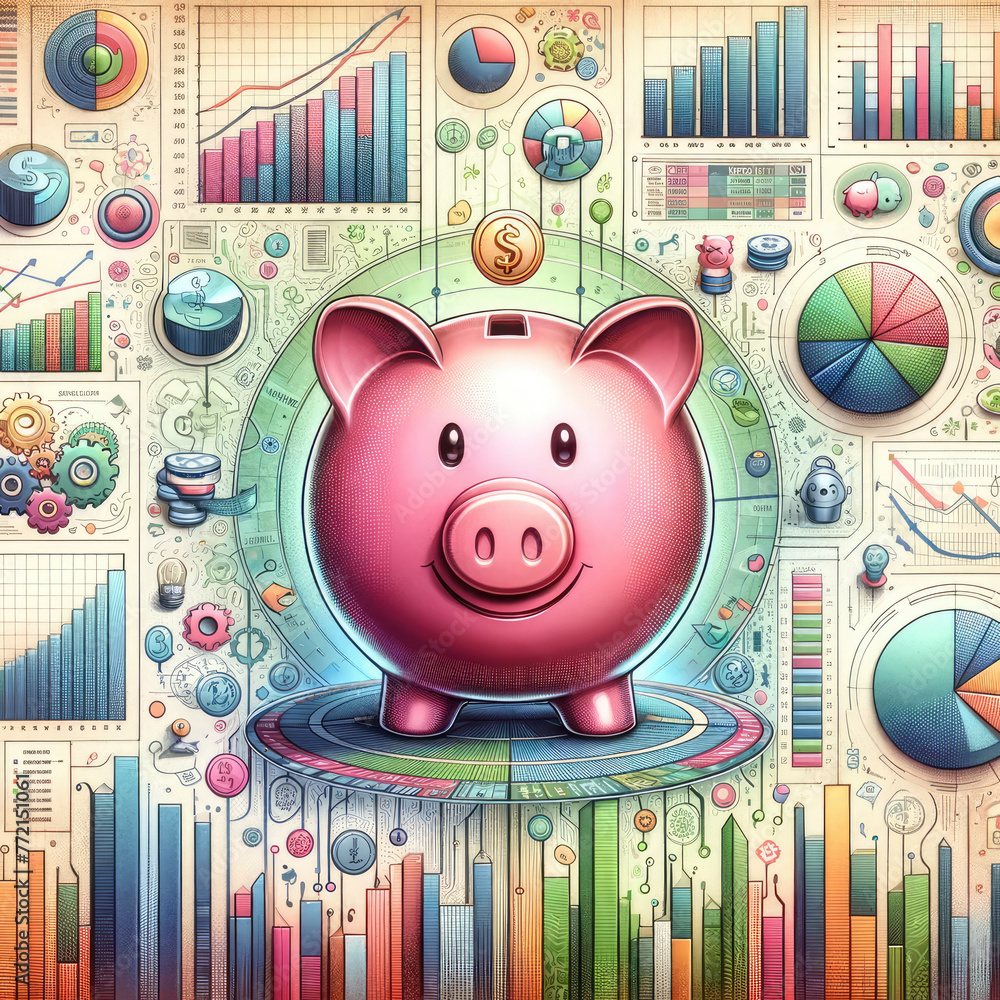 Poster a colorful chart with a pink piggy bank in the center. the chart is filled with various graphs and n
