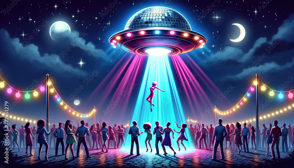 Poster a group of people are dancing in front of an alien shaped object. the alien is surrounded by a color
