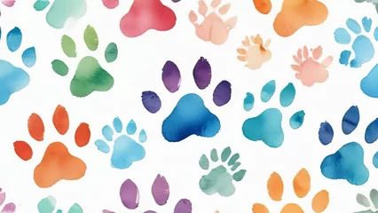 Fotobehang An array of watercolor paw prints in a spectrum of colors on a white background © Natasha 
