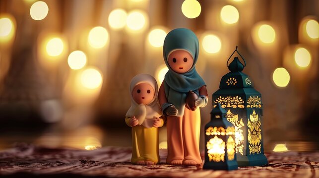 3D Muslim family decor with Ramadan decor with a simple background