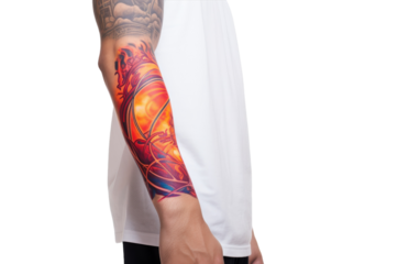 A man proudly displays a colorful tattoo on his arm
