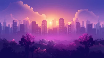 Foto op Canvas Purple cityscape background, City buildings and trees at city view. Monochrome urban landscape with clouds in the sky. Modern architectural flat style vector illustration. © Wasin Arsasoi