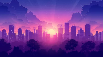 Foto op Plexiglas Purple cityscape background, City buildings and trees at city view. Monochrome urban landscape with clouds in the sky. Modern architectural flat style vector illustration. © Wasin Arsasoi
