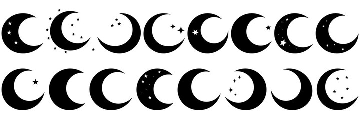 Moon fairy tale silhouettes set, large pack of vector silhouette design, isolated white background