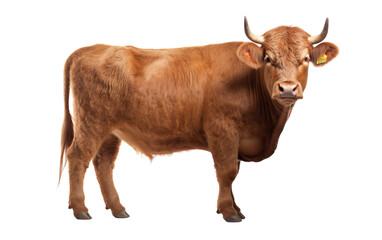A majestic brown cow with horns stands gracefully in front of a plain white backdrop