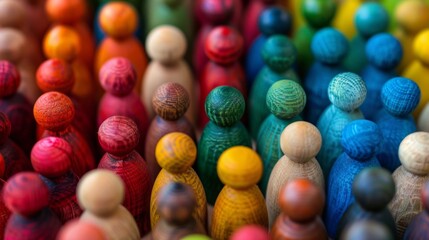 A close up of a group of wooden people toys in different colors, AI
