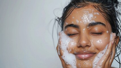 An Indian girl with clear skin and closed eyes with soap suds on her face