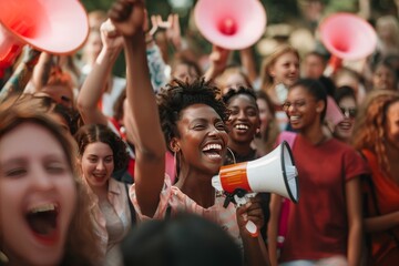 Photo portrait of a black woman with megaphone at rally organized for women. Theme of gender equality, women's rights, solidarity, fight for the rights of people of color, female gender. - obrazy, fototapety, plakaty