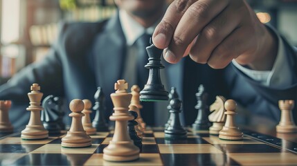 Strategic Businessman Directing Chess Game for Innovative Business Tactics, Team Leadership, and Competitive Planning - obrazy, fototapety, plakaty