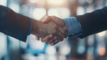 Two Businessmen Celebrate Successful Merger: Handshake Symbolizes Partnership and Business Deal Achievement - obrazy, fototapety, plakaty