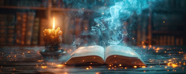 old magic spell book opened on table with smoke and shimmering glitter glow sparkle around, candle light in library archive, Generative Ai