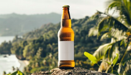 a Beer Bottle with Blank Label Mock-Up on a mountain top, in the style of cowboy imagery, made of mist