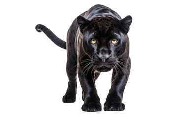 A sleek black panther gracefully strides across a pristine white background