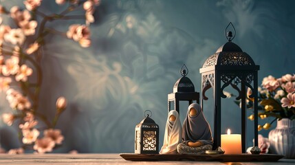3D Muslim family decor with Ramadan decor with a simple background - obrazy, fototapety, plakaty