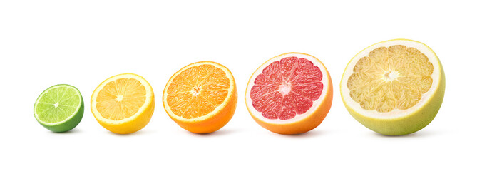 Variety of citrus fruit cut in half (green lime, lemon, orange, grpaefruit, pomelo) isolated on...