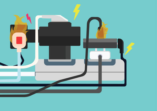 Dangerous! Overload electricity on steckers, may short circuit and fire. Cause Vector illustration. Safety poster.