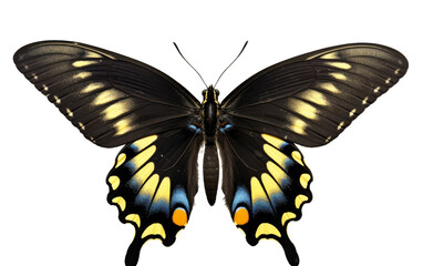A striking black and yellow butterfly gracefully perched on a pristine white background