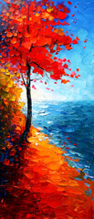 Original oil painting of autumnal landscape with lonely tree, sea and blue sky.