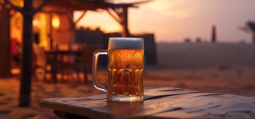 a cold beer mug in table in front of restaurant in the evening ambient lighting  - obrazy, fototapety, plakaty