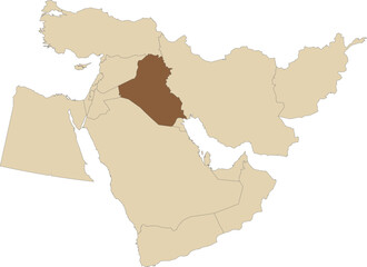 Dark brown detailed blank political map of IRAQ with black national country borders on transparent background using orthographic projection of the light brown Middle East