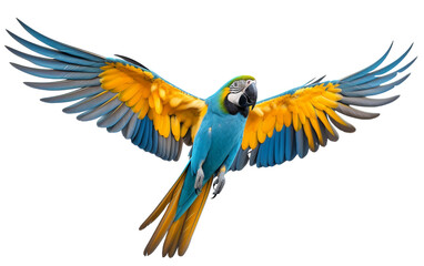 A vibrant blue and yellow parrot soars gracefully through the sky