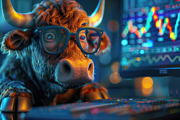 A photorealistic image of an anthropomorphic bull wearing glasses, sitting at the computer with stock market charts on screen in background. Created with Ai