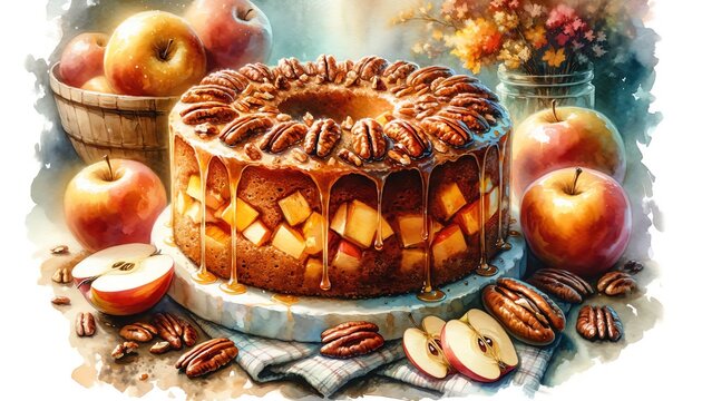 Watercolor Painting of Apple Brandy Pecan Cake, in a Thanksgiving Theme
