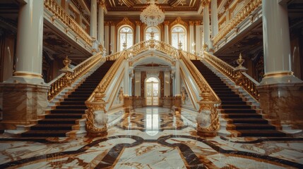 Obraz premium A fancy staircase with gold and marble floors in a building, AI