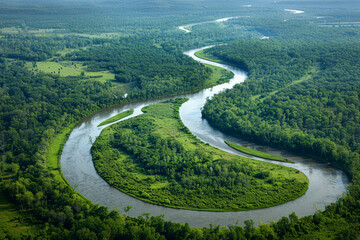 Lush Green River Landscape from a Bird's Eye View - obrazy, fototapety, plakaty