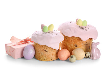 Easter cake, gift box and painted eggs isolated on white background
