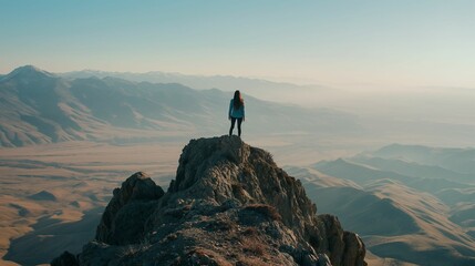 Solitary woman contemplating vast landscape, serene exploration, mountain top view - obrazy, fototapety, plakaty