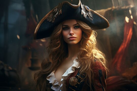 Intriguing Pirate queen portrait closeup. Harbor ancient famous old picture. Generate Ai