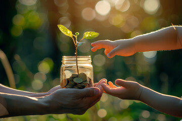 Sustainable Growth Concept: Seedling and Coins in a Jar Held by Hands