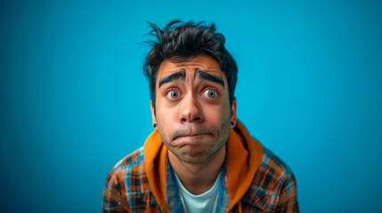 Funny young man with face expressions, with big eyes and skinny face making funny faces, blue background, wide angle