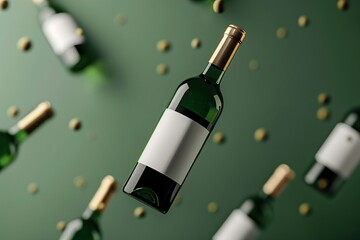 flying wine bottle mockup with blank label, minimalistic space aesthetic, shapes, soft green background