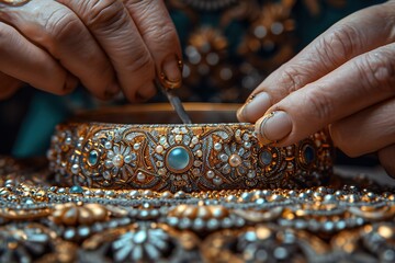 Create an image of a master jeweler handcrafting a intricate, filigree bracelet - obrazy, fototapety, plakaty