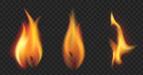 Set of realistic flames. Realistic tongues of fire on a transparent background. Vector illustration.