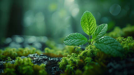 Mint leaf growing on moss in forest, nature background. green plant with soft focus and bokeh light, Earth day concept  - obrazy, fototapety, plakaty
