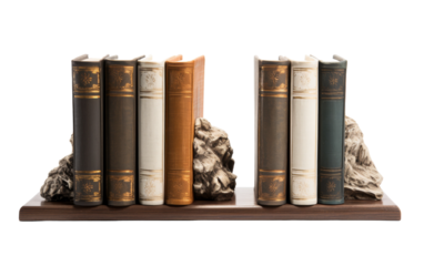 A row of books rests atop a wooden shelf in a sunlit room