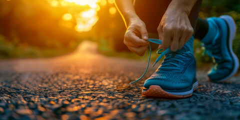 Evening Jog Preparation: Tying Running Shoes on a Sunlit Path