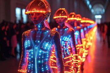 Depict a futuristic fashion show where models wear avant-garde, LED-lit garments that change colors and patterns
