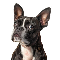 Closeup photo of a Boston terrier gazing up at the camera on a transparent background