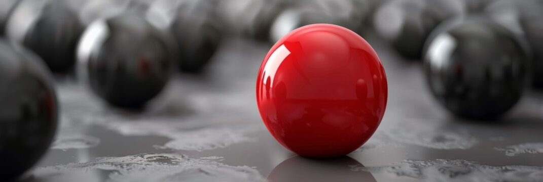 A red ball is surrounded by black spheres on a gray background, AI