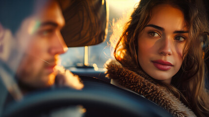 A beautiful woman with brown hair sitting in the passenger seat, looking at her Cheating boyfriend, Betrayal - obrazy, fototapety, plakaty