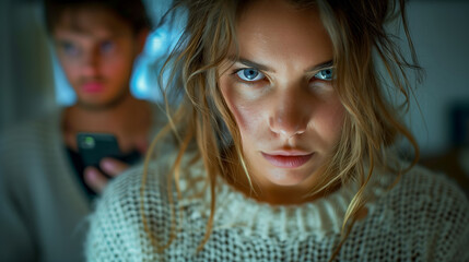 Close up of woman looking at camera, angry expression on her face and blurred cheating boyfriend in the background, holding phone, Betrayal - obrazy, fototapety, plakaty