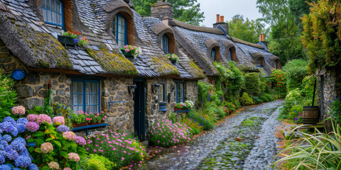 Enchanting Thatched Cottages Along a Cobblestone Path in a Rustic Village - obrazy, fototapety, plakaty