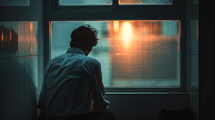 A burnout young man in a white shirt, sitting at the window of his apartment looking out, dark atmosphere. - obrazy, fototapety, plakaty